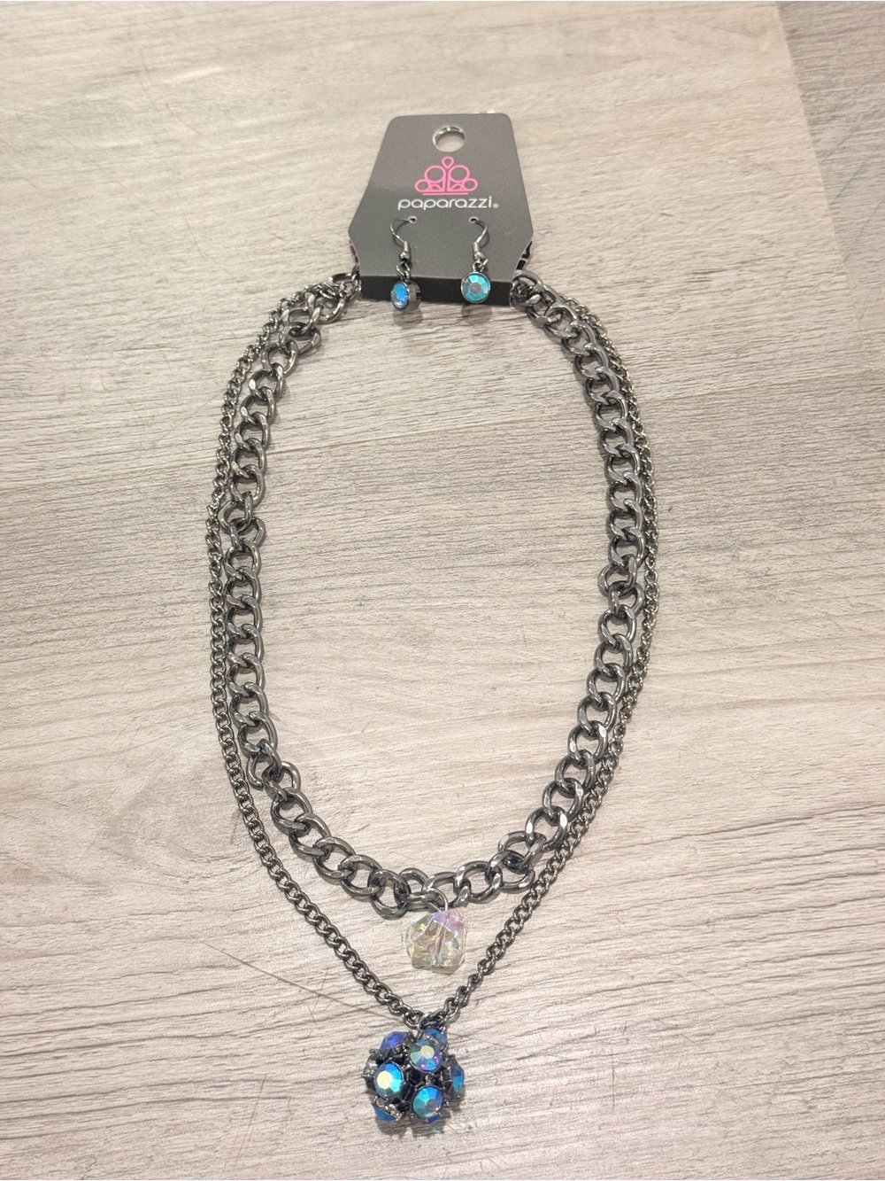 paparazzi Silver-Tone Layered Necklace with Iridescent Blue Crystal Cluster